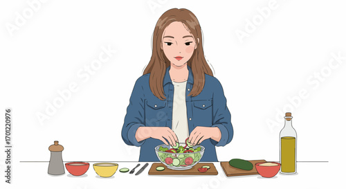 Young woman preparing a fresh, healthy vegetable salad. Hand-drawn illustration of cooking and healthy eating lifestyle.