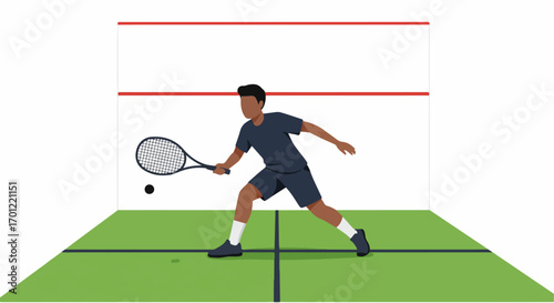 An athletic man plays squash in a court, hitting the ball with his racket, illustrating the fast-paced indoor sport and active lifestyle.