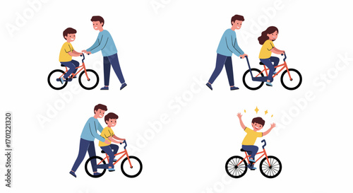 Parent teaching children to ride bicycle, showing the journey from learning to triumphant independence and joy.