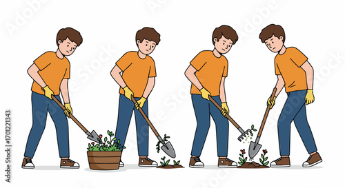 A series of illustrations showing a man engaged in various gardening activities, including digging, planting, and raking, demonstrating a passion for horticulture.