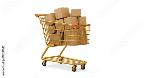 Golden Shopping Cart Filled with Cardboard Boxes on White Background