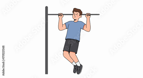 Cartoon illustration of a young man performing a pull-up exercise, demonstrating fitness, strength, and an active lifestyle on a white background.