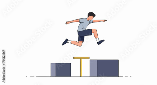 Determined man leaping over an obstacle, symbolizing overcoming challenges, achieving goals, progress, and success in a minimalist illustration.