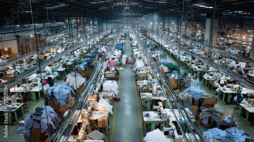 Vast Textile Factory Interior with Rows of Sewing Machines and Fabrics