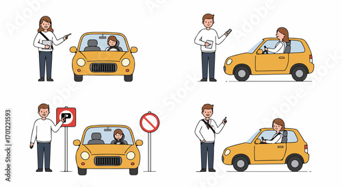 Driving School Illustrations: Instructor and Student Learning Road Rules and Traffic Signs with a Yellow Car