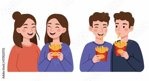 Happy young friends and couples enjoying French fries, sharing a casual meal with joyful smiles. Flat vector illustration on white.