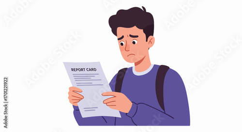 Disappointed young student holding a bad report card, showing academic stress and poor school performance. Flat vector illustration of a sad boy looking at his low grades.