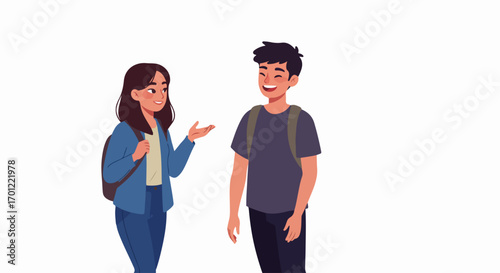 Happy young students with backpacks engaged in a friendly conversation, smiling and laughing. Flat cartoon illustration of school friends talking.