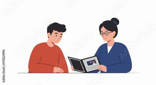 Woman shares memories in a photo album with a man during a consultation or meeting. Flat illustration depicting discussion and personal connection.