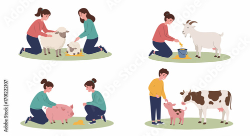 People caring for farm animals: feeding sheep, goats, and pigs, and petting a calf with its mother cow, showcasing rural life and animal husbandry.