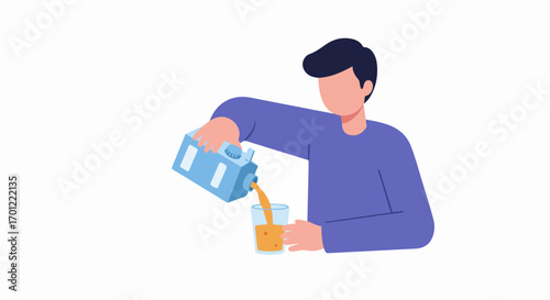Minimalist illustration of a person pouring orange juice from a blue carton into a clear glass, symbolizing refreshment, healthy drinks, and daily routines.