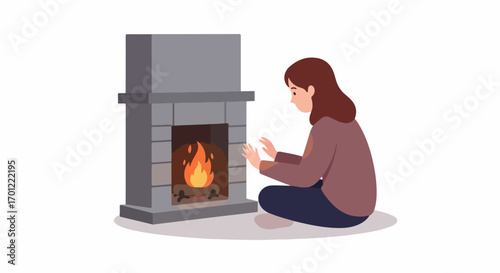 Woman warming her hands by a cozy fireplace, enjoying the comforting heat on a cold day. Flat vector illustration.