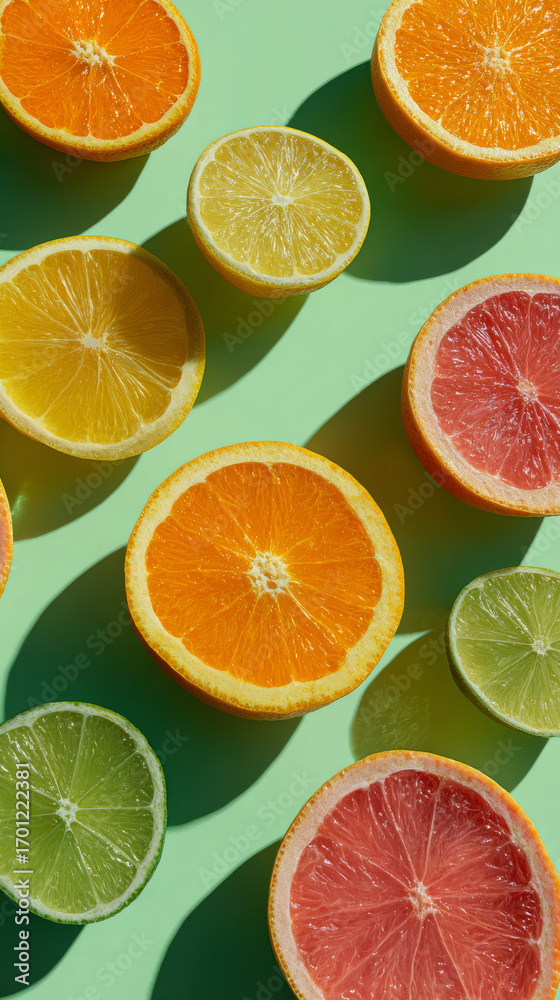 Fototapeta premium Vibrant composition of citrus slices including oranges, lemons, limes, and grapefruits arranged green background, creating fresh and lively