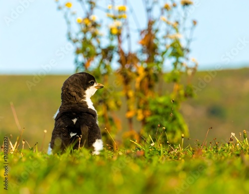 Young penguin sits in grassy field, flowers in background
