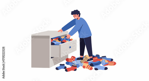 Person searching through an overflowing, messy sock drawer with colorful socks spilled on the floor, depicting household chaos and the challenge of organization.
