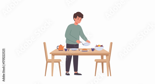 Young man setting the dining table for a meal, preparing breakfast or brunch with a teapot, fruit, and bread. An illustration of daily routine and domestic life.
