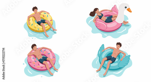 People relaxing on various colorful inflatable pool floats in water, enjoying summer vacation and leisure activities, flat vector illustration.