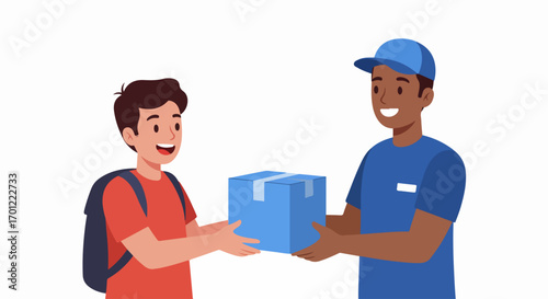 Happy customer receiving package from smiling delivery person. Online shopping, fast shipping, and home delivery service illustration.