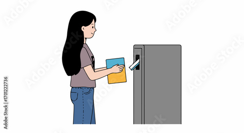 Young woman submitting documents into a slot, illustrating return processes, archival systems, or secure drop-off services for various contexts.