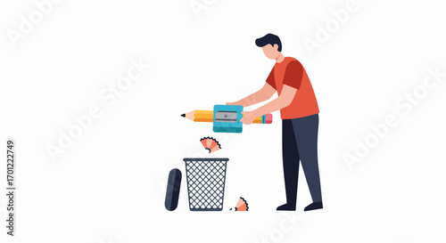 Man Sharpening Pencil into Wastebasket, Highlighting Office Tasks, Learning, and Creative Process