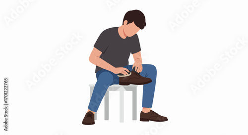 A man carefully polishing his brown leather dress shoe with a brush while sitting on a stool, performing daily shoe care and maintenance on a white background.