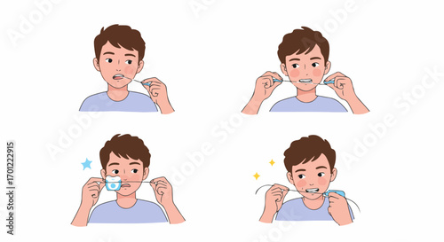 Young man demonstrating the essential steps for effective dental flossing and maintaining a healthy smile.