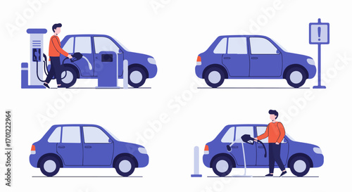 Car fuel and energy challenges: Man fueling car, empty tank warning, and fuel leak issues. Modern vehicle maintenance concepts.