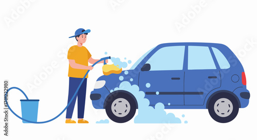 Man washing blue car with hose and sponge, creating suds, in a home car wash scene. Flat vector illustration for vehicle maintenance.