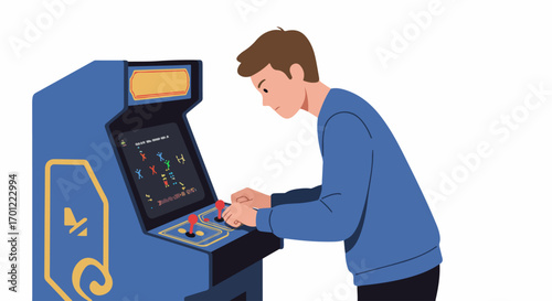 Young Man Playing Classic Arcade Video Game, Engaged in Retro Gaming Fun, Isolated Flat Vector Illustration.