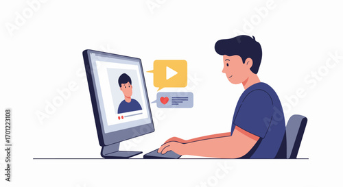 Young man engaging with online video and social media content on a desktop computer, showing digital communication and interaction.