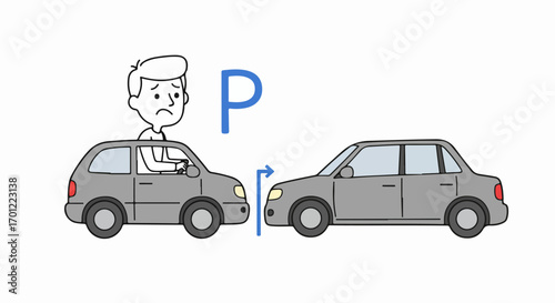 Frustrated man attempting parallel parking between two cars, illustrating a difficult driving challenge or learning to park in a tight spot.