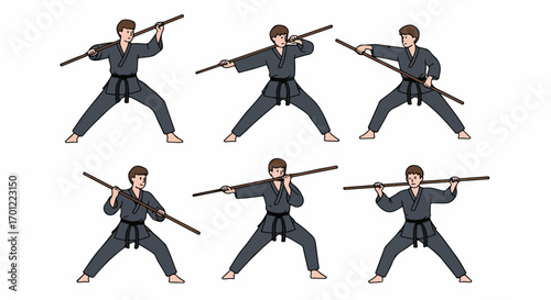 Martial Arts Student Demonstrating Bo Staff Poses: A Collection of Six Training Stances in Traditional Gi