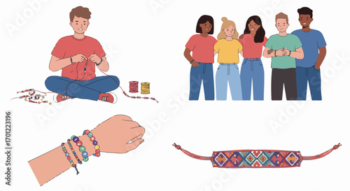 Diverse young people engaged in crafting and wearing colorful friendship bracelets, highlighting creative hobbies, connection, and handmade accessories.