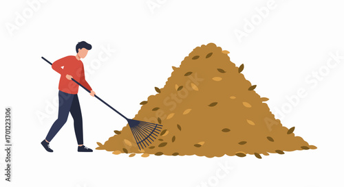 Man raking a large pile of autumn leaves, performing seasonal yard work and garden clean-up, depicted in a flat illustration style.