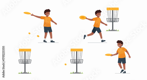 Illustration of a happy young boy enjoying disc golf, throwing a frisbee towards the basket. Sport and outdoor activity concept.