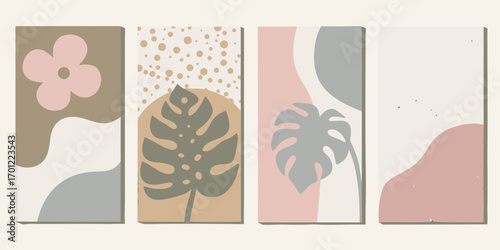 Set of four abstract vertical banners with minimalist organic shapes and botanical elements in muted earth tones