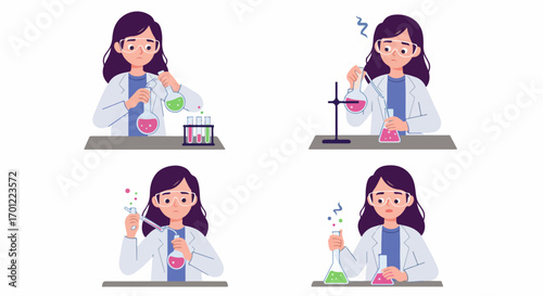 Diverse stages of chemical experiments with a female scientist, using beakers, test tubes, and pipettes, illustrating scientific research and laboratory work.