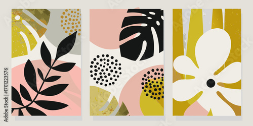Abstract mid century modern botanical collage with organic shapes and textures