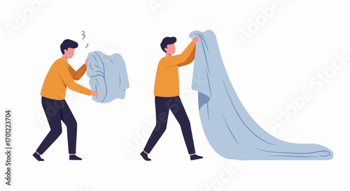 Man Airing Out or Making a Bed with a Fresh Blue Sheet, Illustrating Household Chores and a Tidy Home Routine