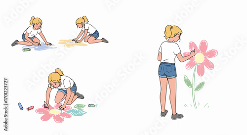 Blonde girl happily drawing colorful chalk flowers on the ground and a large pink flower on a surface, showcasing childhood creativity and outdoor artistic fun.