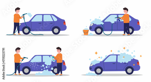 Man washing his blue car at home: a four-step illustrated process from initial spray to sparkling clean vehicle.