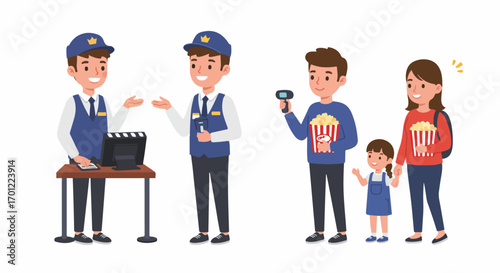A cartoon illustration showing a family with popcorn going through ticket scanning at a movie theater, while two cinema staff members manage the counter.