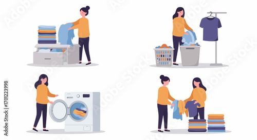 Illustrated sequence of women performing various laundry tasks, including sorting, washing, folding, and organizing clothes in a domestic setting.