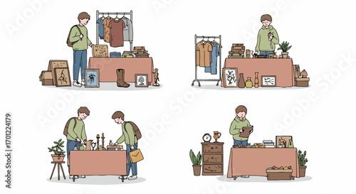 A collection of illustrations featuring a young man actively engaged in browsing and shopping for unique items at a vibrant second-hand market or vintage fair.