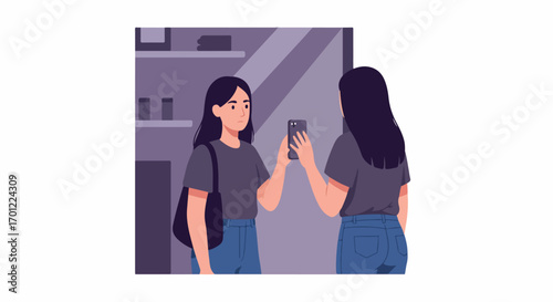 Young woman taking a mirror selfie with her smartphone, reflecting modern self-image and digital interaction in a minimalist illustrated setting.