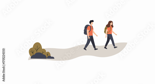 Couple Hiking Together on a Path with Backpacks, Enjoying an Outdoor Adventure and Nature Exploration
