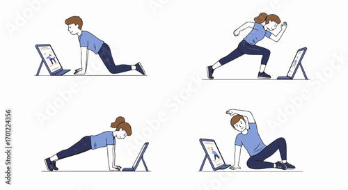 People exercising at home, guided by an online fitness program or virtual personal trainer on a tablet, showcasing modern digital workouts.