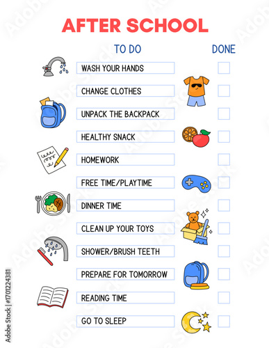 After school routine checklist template. Printable chart for kids after classes. Daily tasks for children, chores to do list, time organizer. Colorful doodle illustrations, funny clipart