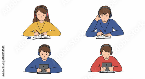 Diverse students with headphones engaged in various learning activities, from writing in notebooks to utilizing digital tablets for modern online education.