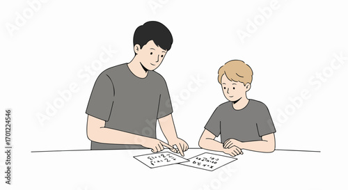 Adult helping young student with math homework, a focused private tutoring session on educational support and problem-solving.